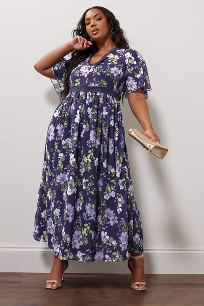 Yours London Midaxi Jurk Met Bloemenmotief En Gehaakte Details In Donkerblauw Size 42