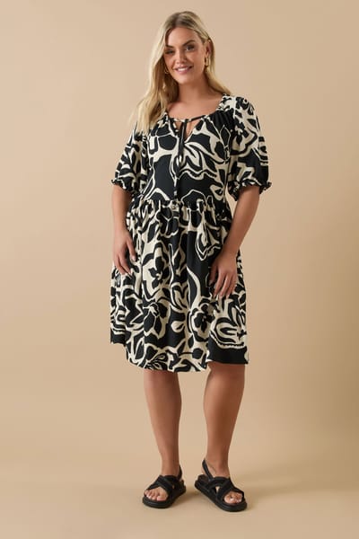Yours Mini Jurk Met Abstracte Bloemenprint En Striksluiting In Zwart Size 50-52