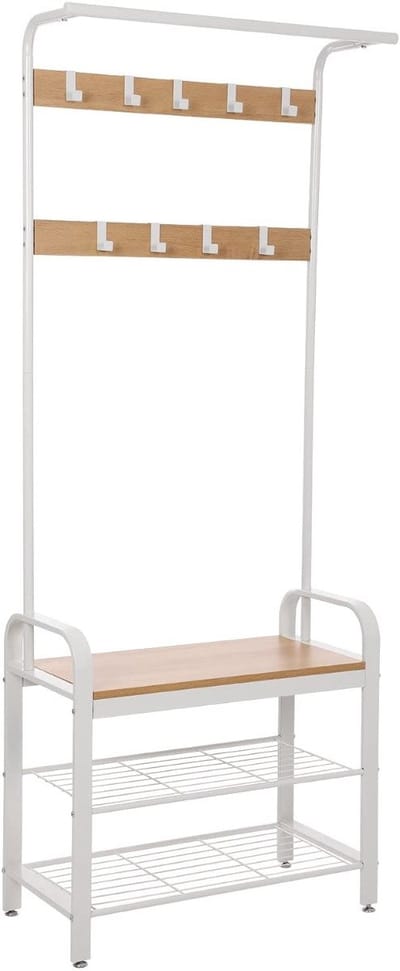 Hoppa! Metalen kapstok met schoenenrek – crème wit – metaal/hout – 72 x 33,7 x 183 cm (B x D x H)
