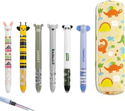 Set van 6 Verwijderbare Balpennen voor Kinderen 0.5mm in Rood en Blauw met Dinosaurus Pennenhouder voor School en Kantoor, Perfect als Cadeau