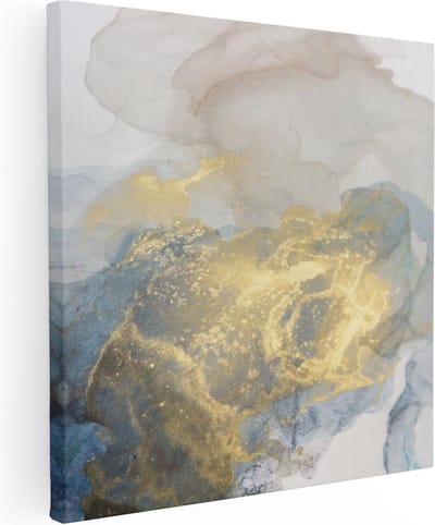 Artaza Canvas Schilderij Abstracte Kunst - 30x30 cm - Klein - Muurdecoratie Blauw Goud - Wanddecoratie Woonkamer - Kamer Accessoires