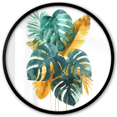 Poster in lijst Rond - Fotolijst 40x40 cm - Posters - Bladeren - Tropisch - Goud - Groen - Modern - Ronde posterlijst zwart - Decoratie - Wanddecoratie woonkamer - Muurdecoratie slaapkamer