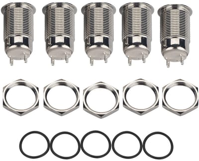 Metaal Drukknop Schakelaar – 12mm 2A 36V – Waterdicht Zelfvergrendelend – Inclusief Moer en Ring – Voor Auto en Elektronica – 5 Stuk