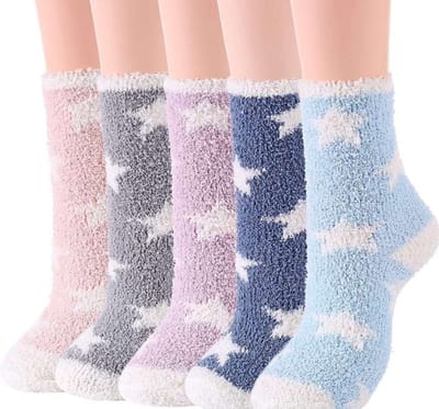 Fluffy sokken dames - 3 paar - huissokken - roze - paars - blauw - grijs - mix - leuke print sterren - 36-40 - cadeau voor haar - vaerjaardagscadeau - Kerst cadeau - giftbox - extra zacht