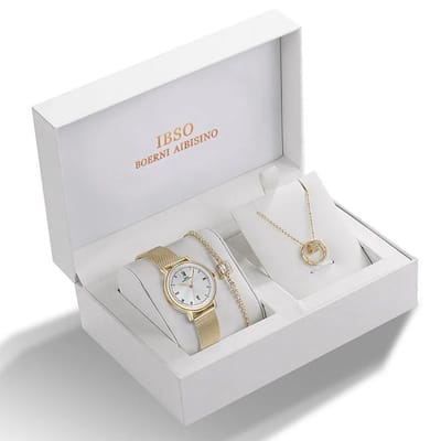 Boerni Aibisino Horloge Romeinse Cijfers, Armband en Ketting Goud kleurige luxe geschenk set luxe geschenk set | Crystal glass | Premium kwaliteit uurwerk Quartz Japan | Mineraal | Geschenk | Fashion | Elegant | Dames | Vrouw | Goudkleurig