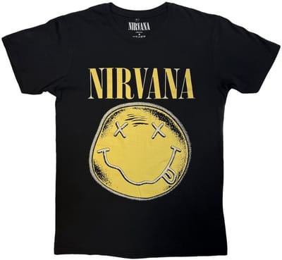 Nirvana - Happy Face Infill Distressed Heren Tshirt - M - Zwart