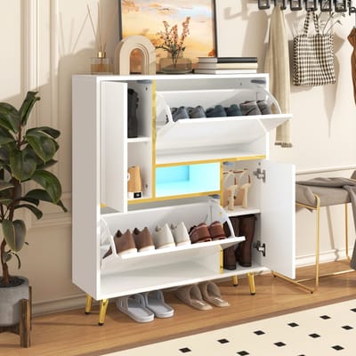 STILVORA Schoenenkast - Modern Hoogglans Front Met 16-Kleurige LED - 2 Deuren Met Verstelbare Planken - Spaanplaat - 80x25x96 cm - Wit
