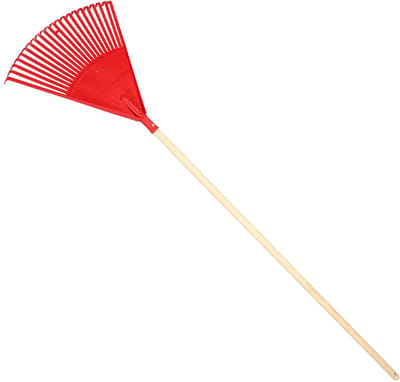 KOTARBAU® Bladhark, Tuinhark van Kunststof, 48 cm, met Houten Steel, 150 cm, Extra-Click, Gazonhark, Waaierbezem, Stevige Hark, Hark voor Gras Tuin Gazon, Rood & Gelakt Hout