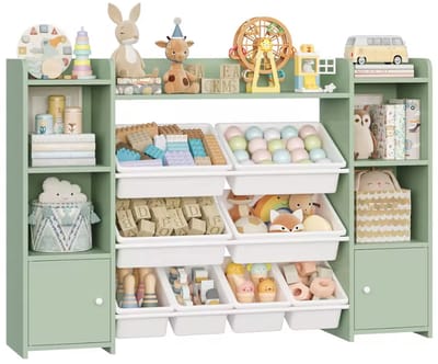 Speelgoedopbergkast – Kinderspeelkamer - Kinderboekenkast - Voor woonkamer, speelkamer en slaapkamer – Met 8 verwijderbare dozen en opbergplanken – 138,8×29,6×94,3 cm - Groen