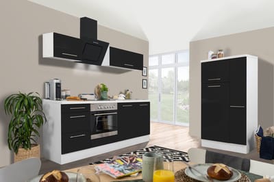 Goedkope keuken 300  cm - complete keuken met apparatuur Amanda  - Wit/Zwart - soft close - keramische kookplaat    - afzuigkap - oven    - spoelbak