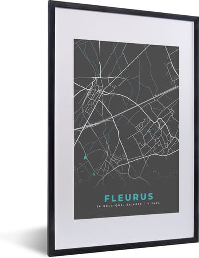 Fotolijst incl. Poster - Plattegrond – Fleurus – Blauw – Stadskaart - Kaart - België - 40x60 cm - Posterlijst