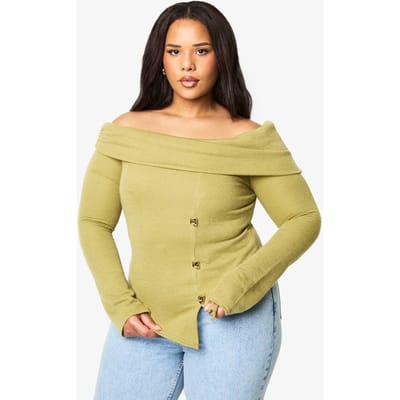 boohoo Dames PLUS GEBOREN BARDOT TOP MET GOLVEN VAN Goud EN SPLIT AVERAGE | Olijf | Maat: 56