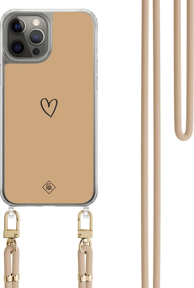 Casimoda® hoesje met beige koord - Geschikt voor iPhone 12 Pro - Hart Bruin - Afneembaar koord - TPU/polycarbonaat - Bruin/beige