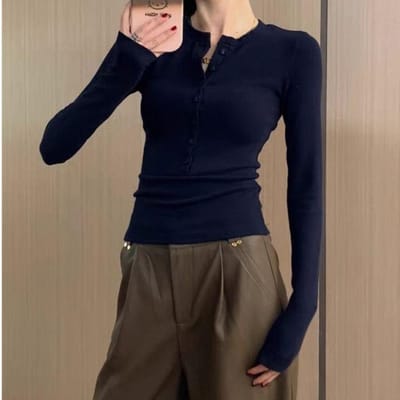 Pure Slim Fit Binnen T-shirt met Lange Mouwen voor Dames Nieuw Herfst- en Lente Nieuw Design, Schoudergeoriënteerd Sexy Knoop Basis Shirt XL black
