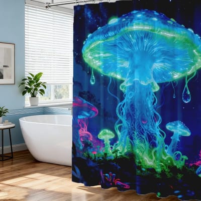 Paddenstoel Nachtlampje Douchegordijn Set met 12 Haken - Waterdicht Stof voor Badkamer, 183 x 183 cm, Mysterieuze Planten en Badkuip Accessoires