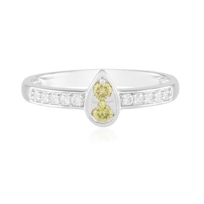 Cavill - Luxe Damesring 925 Sterling Zilver Gerhodineerd - Gele Diamant 0,15 ct & Witte Zirkonen 0,18 ct - Ronde Briljant Slijpsel - Modern Design