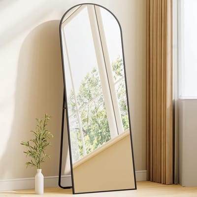 SnelShoppen - Hzuaneri Staande Spiegel 170x76cm - Gebogen Rechthoekige Staande Spiegel met Standaard - Gehard Glas - Aluminiumlegering Frame - Zwart -