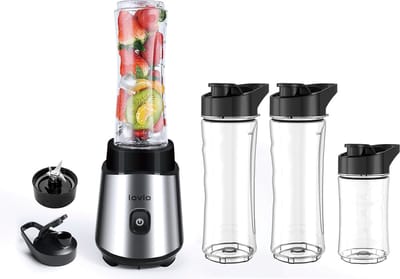LOVIO Smoothie Blender met Glazen Kan – 500W Mini Blender – 3 BPA-vrije Tritan Drinkflessen – Koffiemolen & Notenmolen – RVS Messen