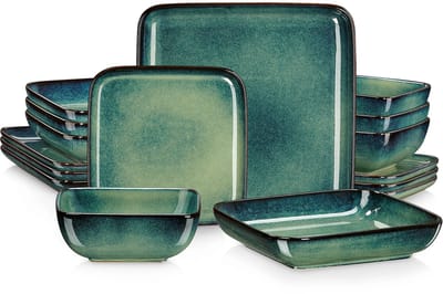 16-delige Serviesset – Groene Vierkante Borden & Schalen – Keramisch Servies voor 4 Personen – Complete Dinerset – Oven & Magnetronbestendig - Serviesset 4 persoons