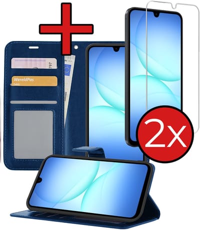 Hoesje - Met 2x Screenprotector - Geschikt voor Samsung Galaxy A17 - Luxe Pasjeshouder - Flip Case - Bookcase Portemonee - Kunstleer Book Case - Flipcase Hoes - Book Cover - Walletcase - Portemonneehoes - Telefoonhoes - Donkerblauw