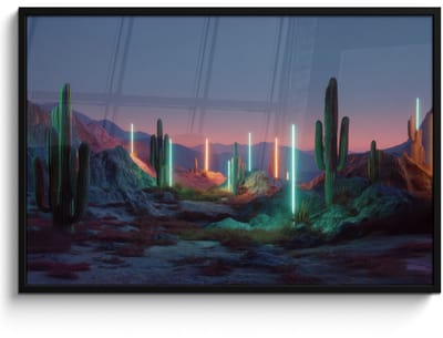 Poster in lijst - Fotolijst 120x80 cm - Posters - Cactus - Lichtzuilen - Zonsondergang - Posterlijst zwart - Decoratie - Wanddecoratie woonkamer - Muurdecoratie slaapkamer