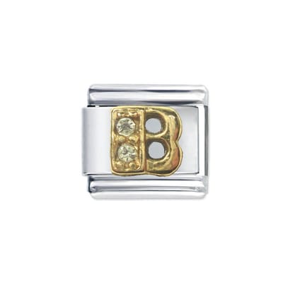 Bedel - Charm - Schakel - Letter B - met strass - 9mm- Geschikt voor Italiaanse Bedelarmbanden - Schakelarmband - Plated