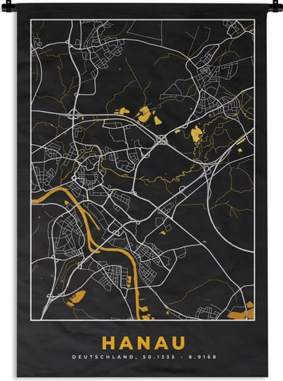 Wandkleed - Wanddoek - Hanau - Kaart - Goud - Duitsland - Plattegrond - Stadskaart - 120x180 cm - Wandtapijt