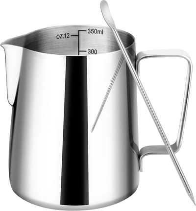 Melkschuimkruik - Opschuim beker - Latte art maken - Met duidelijke schaal - 12 oz - Zilver