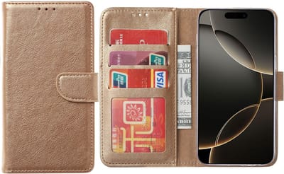 Hoesje Geschikt voor iPhone 16 Pro – Arara bookcase met pasjeshouder - Goud