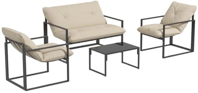 Tuinset - Loungeset met 2-Zitsbank, 2 Fauteuils, Glazen Salontafel & Kussens - Tuinmeubelset voor 4 Personen - Tuinbank - Zitset - Tuinsalon voor 4 Personen - Zitgroep - Weerbestendig - voor Terras, Balkon, Tuin - Grijs + Beige
