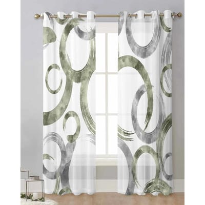 Saliegroen Geometrische Textuur Hedendaagse Tule Gordijnen Woonkamer Keuken Doorschijnende Raambekleding Voile Gordijnen Met Oogjes W65X60H(cm)X2Pcs&Grommet Top