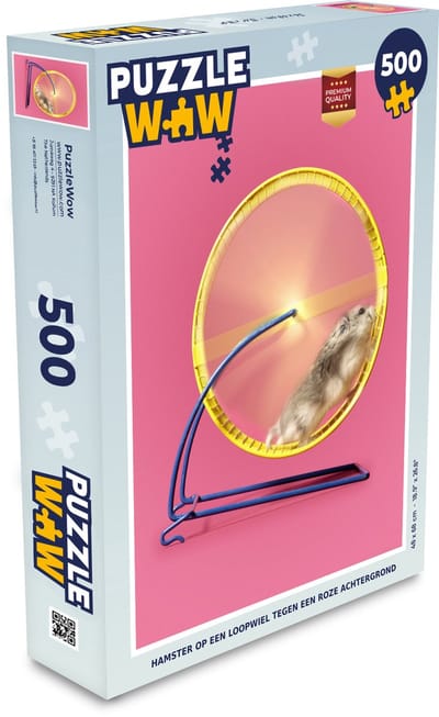 Puzzel Hamster op een loopwiel tegen een roze achtergrond - Legpuzzel - Puzzel 500 stukjes