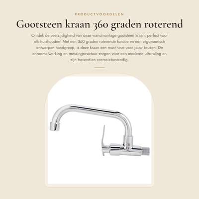 Dailygoods- Gootsteenkraan 360° Roterend - Wandmontage - Messing/Roestvrij Staal - Ergonomische Handgreep - Corrosiebestendig - Eenvoudige Installatie - Keukenkranen