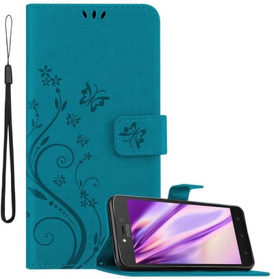 Cadorabo Hoesje geschikt voor Motorola MOTO C PLUS in BLOEMEN BLAUW - Beschermhoes in bloemmotief met magnetische sluiting, standfunctie en kaartsleuven Book Case Cover Etui