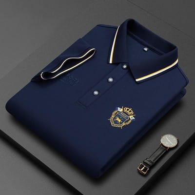 Kortarm overhemd voor heren effen kleur gemerceriseerd katoen dun katoen poloshirt voor jonge en middelbare mannen met revers borduurwerk T-shirt M black