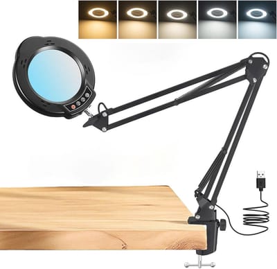 Vergrootglas met licht - LED vergrootlamp met klem, 5 kleurmodi, traploos dimbaar - Handsfree bureaulamp voor lezen, handwerk, reparatie en schilderen
