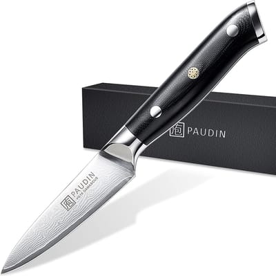 PAUDIN C7 Professioneel Groentemes 9 cm - Japans mes - Schilmes - Echt Damascus Mes - Zwart Ergonomisch Handvat