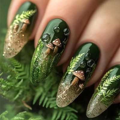 BRENZOOS- Opplaknagels met paddenstoel- en bladmotief - Middelgrote kunstnagels - Glanzend groen - Zelfklevende plaknagels - Stijlvol ontwerp - Elegant en trendy