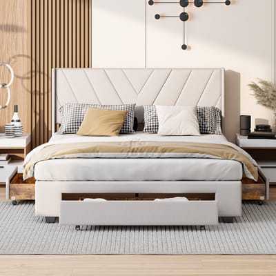 Gestoffeerd Bed 160x200 met 3 Lades – Beige Linnen – Tweepersoonsbed met Opbergruimte – Bedframe met Lattenbodem & Wingback Hoofdbord