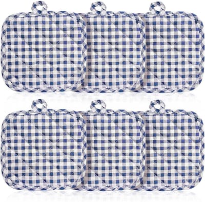 Geruite pannenlappen set van 6 stuks van katoen, keukenaccessoires in blauw, multifunctionele pannenhouders voor keuken - keukenopruiming met stijlvolle onderzetters