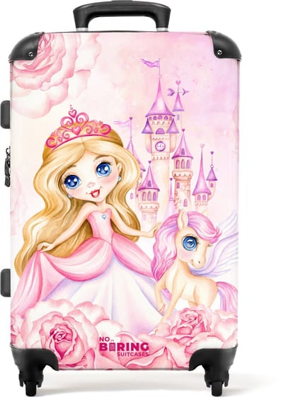 NoBoringSuitcases.com® - Kinderkoffer groot - Kindertrolley koffer - Prinses - Kasteel - Roze - Rolkoffer lichtgewicht - Reiskoffer met 4 wielen - Grote trolley XL - 20 kg bagage