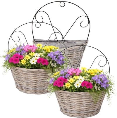 Mega Collections Plantenmand muurhanger Assen - 3x - grijs - H40 cm - wilg - bloempot/plantenpot