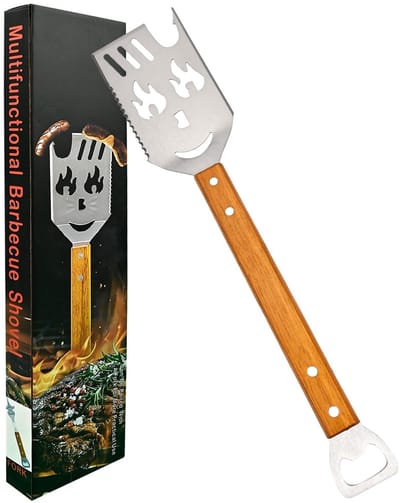 Dailygoods - BBQ-gereedschapsset, 42 cm roestvrijstalen spatel met flesopener, houten handvat, barbecue-accessoires voor buiten, cadeau-ideeën voor mannen