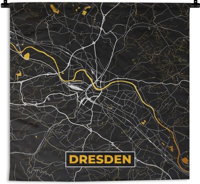 Wandkleed - Wanddoek - Dresden - Goud - Stadskaart - Plattegrond - Kaart - Duitsland - 180x180 cm - Wandtapijt