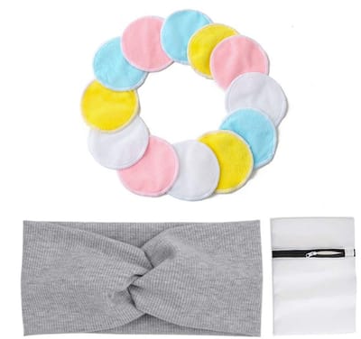 JHUBERS- Make-up Remover Pads 12 Stuks - Herbruikbaar Wattenschijfje - Bamboevezel/Kristalfluweel - Inclusief Haarband - Geschikt voor Gezicht/Oog/Lip Reiniging - Diameter 8,5 cm - Wattenschijfjes