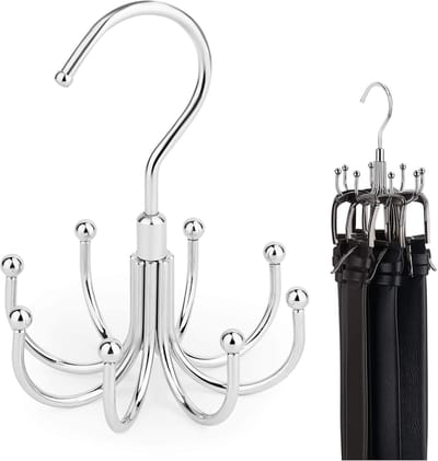 Riemhouder-stropdashanger-Riemhanger - Draaibaar riemrek, garderobe-accessoire organizer - Maximaal 24 opbergruimte - Riemen, bh's, vesten, dassen, sjaals, portemonnees, zilveren hanger-opberghaken - Zilver - 14x10,7x10,7cm