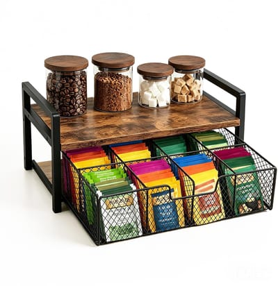 organizer met lade, metalen theerek box organizer met 8 vakken, thee-organizer, opslag voor werkbladen, theekast met lade voor keuken, koffiebar, theestation
