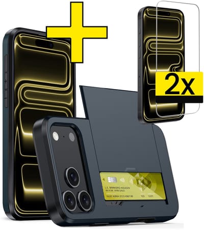 Hoesje Geschikt voor iPhone 17 Pro Hoesje Case Pashouder Hard Cover Met 2x Screenprotector - Hoes Geschikt voor iPhone 17 Pro Hoesje Met Kaarthouder - Donkerblauw