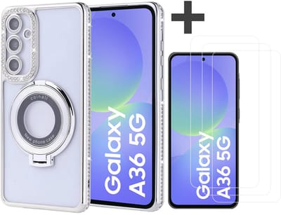 Hoesje met Ringhouder Geschikt voor Samsung Galaxy A36 met Diamant Glitters en 3 Stuks Gehard Glas Screenprotector – Arara Backcover - Zilver