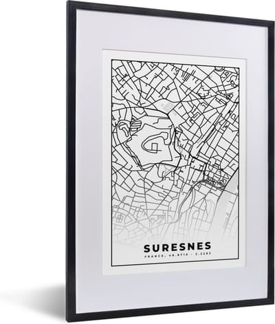 Fotolijst incl. Poster Zwart Wit- Kaart - Stadskaart - Suresnes - Frankrijk - Plattegrond - Zwart wit - 30x40 cm - Posterlijst